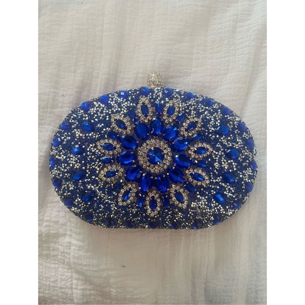 Ramla handmade Sparkling Blue Simulate Diamond Womens Clutch Handbag with strap - Picture 7 of 11